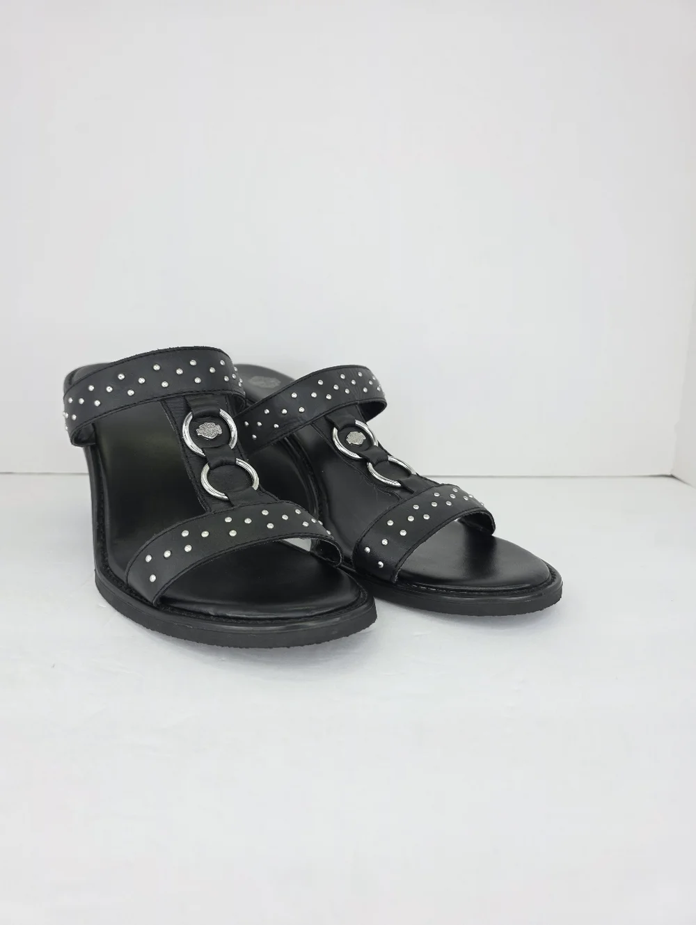Harley Davidson Monica Women's Black‎ Double Strap Silver Wedge Sandals Size 10M